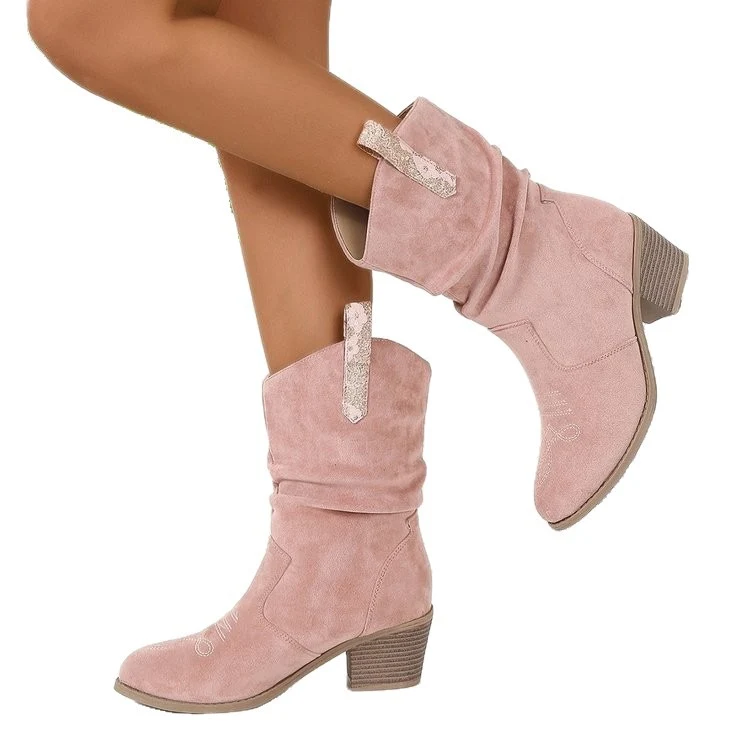 Damen Cowboy-Stiefeletten mit mittlerem Blockabsatz und gerafftem Schaft Nord Taschen