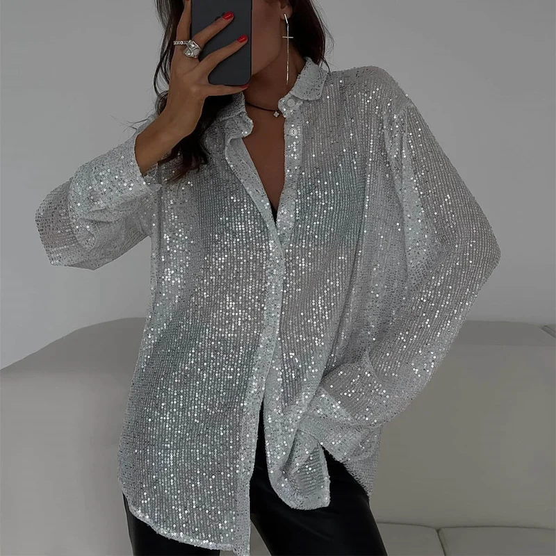 Damen Glitzernde Oversize-Hemdbluse