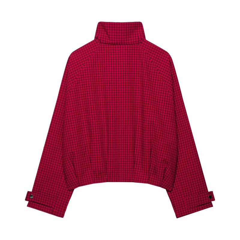 Damen Cropped Übergangsjacke mit hohem Stehkragen, Karomuster und elastischem Saum Nord Taschen