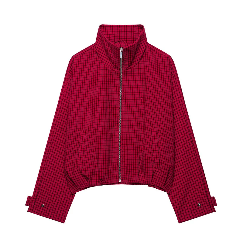 Damen Cropped Übergangsjacke mit hohem Stehkragen, Karomuster und elastischem Saum Nord Taschen