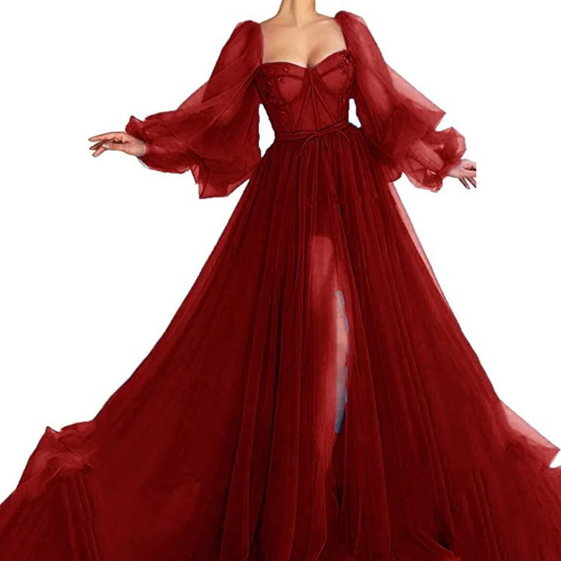 Damen Tüll Abendkleid mit voluminösen Ärmeln und seitlichem Schlitz - Vittorelli