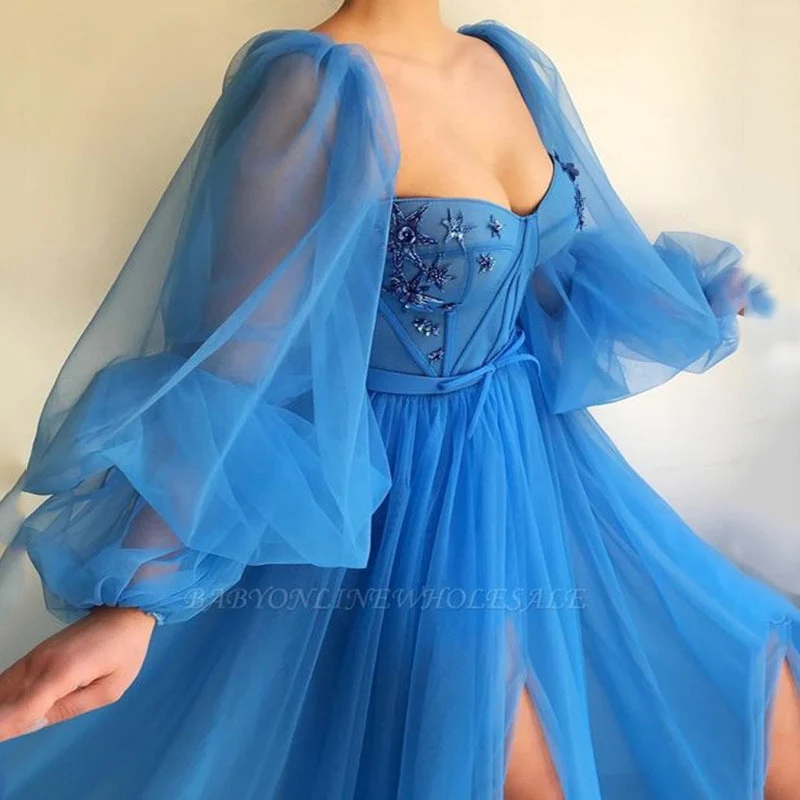 Damen Tüll Abendkleid mit voluminösen Ärmeln und seitlichem Schlitz - Vittorelli