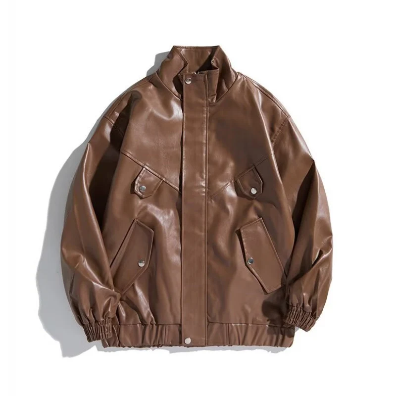 Herren Oversize Kunstleder-Bomberjacke mit Stehkragen, Pattentaschen und elastischem Saum Nord Taschen