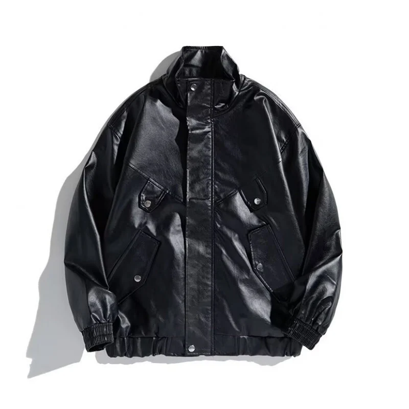 Herren Oversize Kunstleder-Bomberjacke mit Stehkragen, Pattentaschen und elastischem Saum Nord Taschen