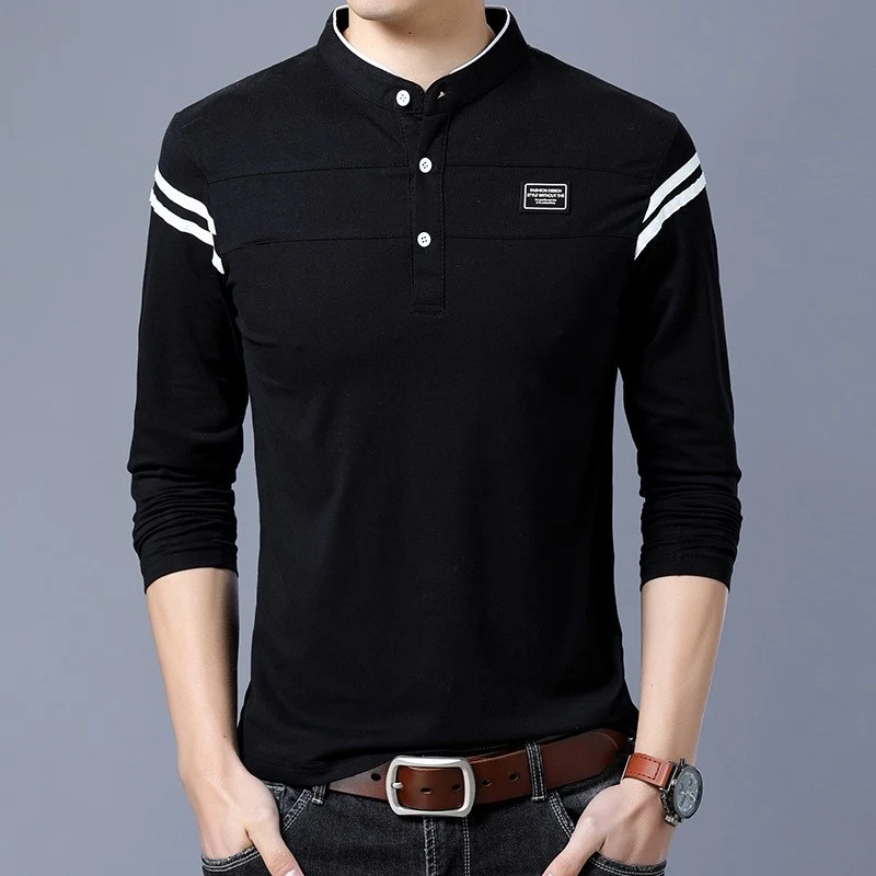 Herren Slim-Fit Langarm-Henley mit Stehkragen und Schulterstreifen Nord Taschen