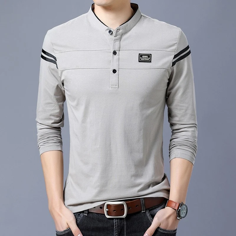 Herren Slim-Fit Langarm-Henley mit Stehkragen und Schulterstreifen Nord Taschen