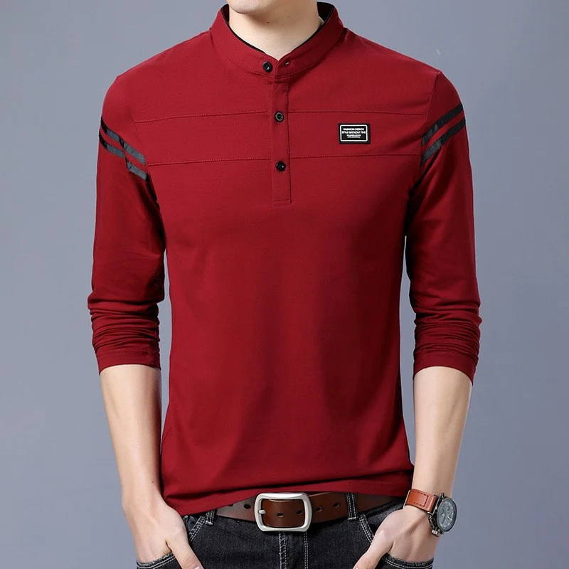 Herren Slim-Fit Langarm-Henley mit Stehkragen und Schulterstreifen Nord Taschen