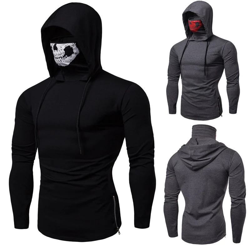 Herren Slim-Fit Kapuzenpullover mit integrierter Totenkopf-Gesichtsmaske Nord Taschen