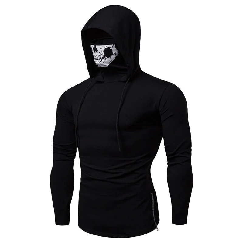 Herren Slim-Fit Kapuzenpullover mit integrierter Totenkopf-Gesichtsmaske Nord Taschen
