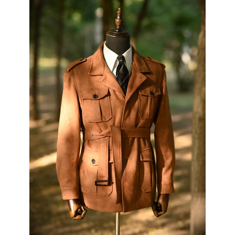 Herren Veloursleder-Safari-Jacke mit Taillengürtel und Pattentaschen Nord Taschen
