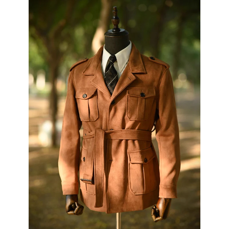 Herren Veloursleder-Safari-Jacke mit Taillengürtel und Pattentaschen Nord Taschen