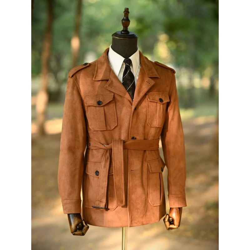 Herren Veloursleder-Safari-Jacke mit Taillengürtel und Pattentaschen Nord Taschen