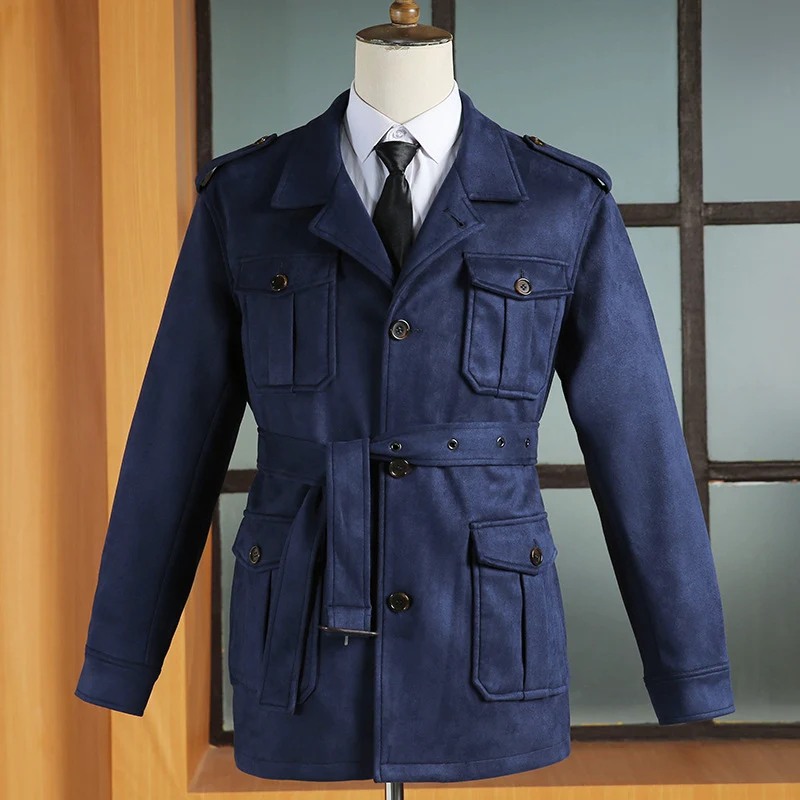 Herren Veloursleder-Safari-Jacke mit Taillengürtel und Pattentaschen Nord Taschen
