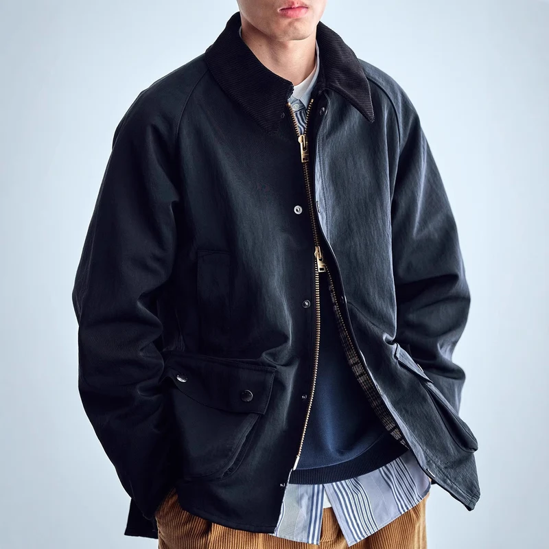 Herren Utility-Fieldjacke aus gewachstem Baumwollmix mit Cordkragen Nord Taschen