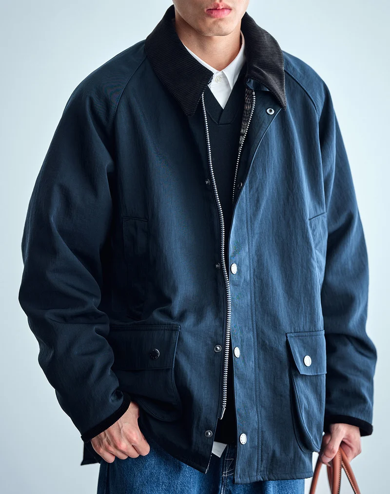 Herren Utility-Fieldjacke aus gewachstem Baumwollmix mit Cordkragen Nord Taschen