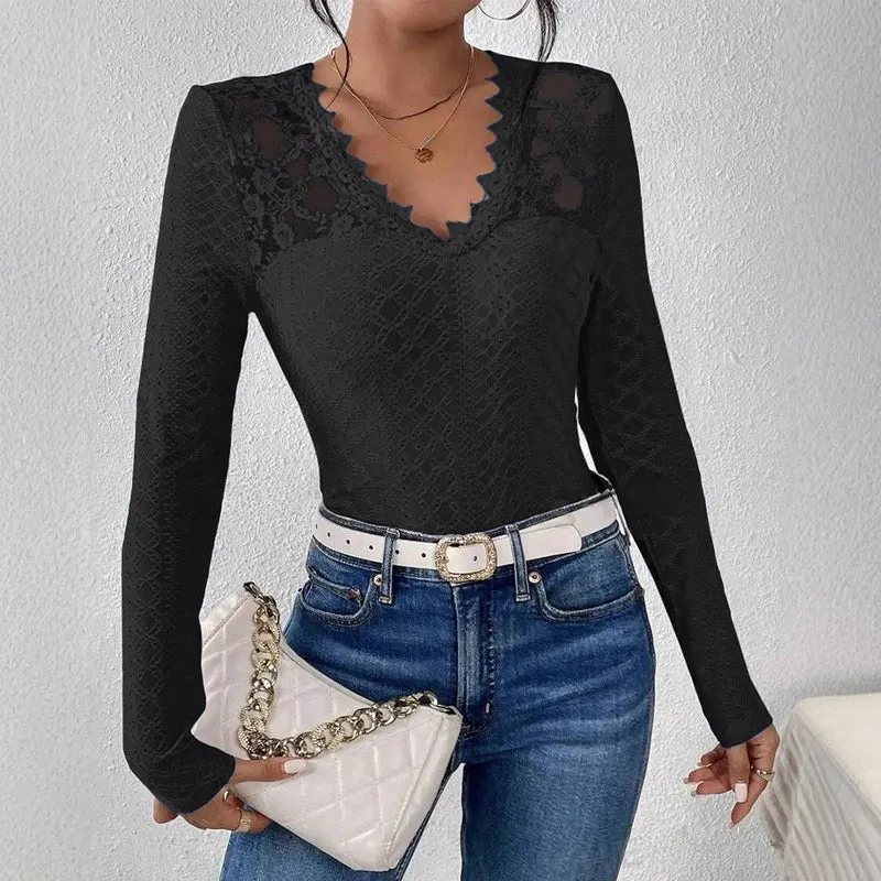 Damen figurbetontes Spitzen-Langarmshirt mit gezacktem V-Ausschnitt