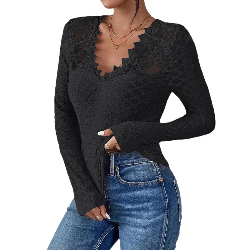 Damen figurbetontes Spitzen-Langarmshirt mit gezacktem V-Ausschnitt