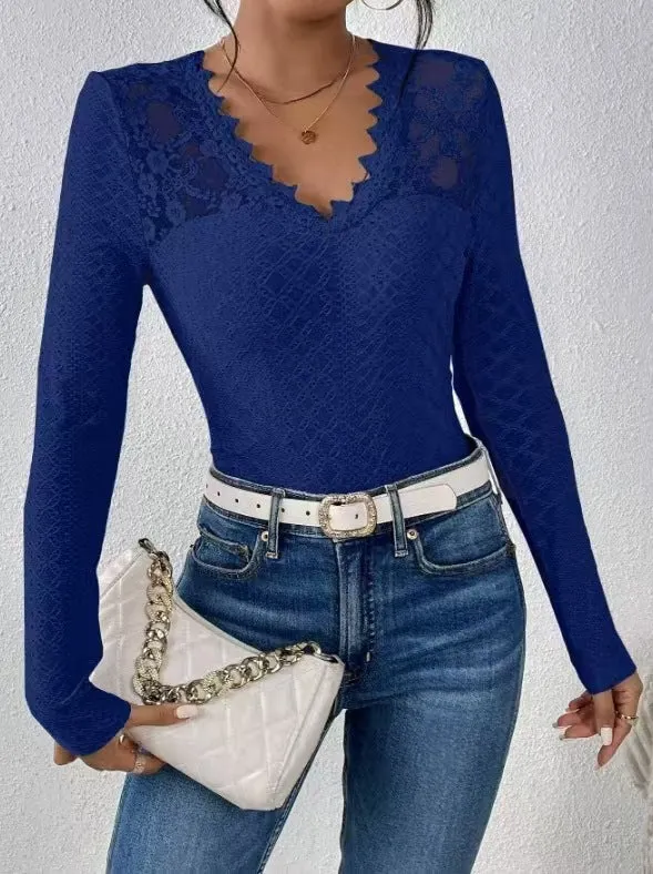 Damen figurbetontes Spitzen-Langarmshirt mit gezacktem V-Ausschnitt
