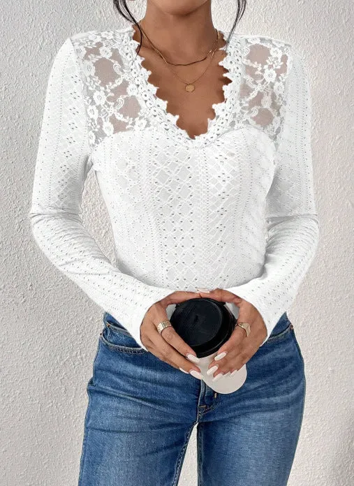 Damen figurbetontes Spitzen-Langarmshirt mit gezacktem V-Ausschnitt