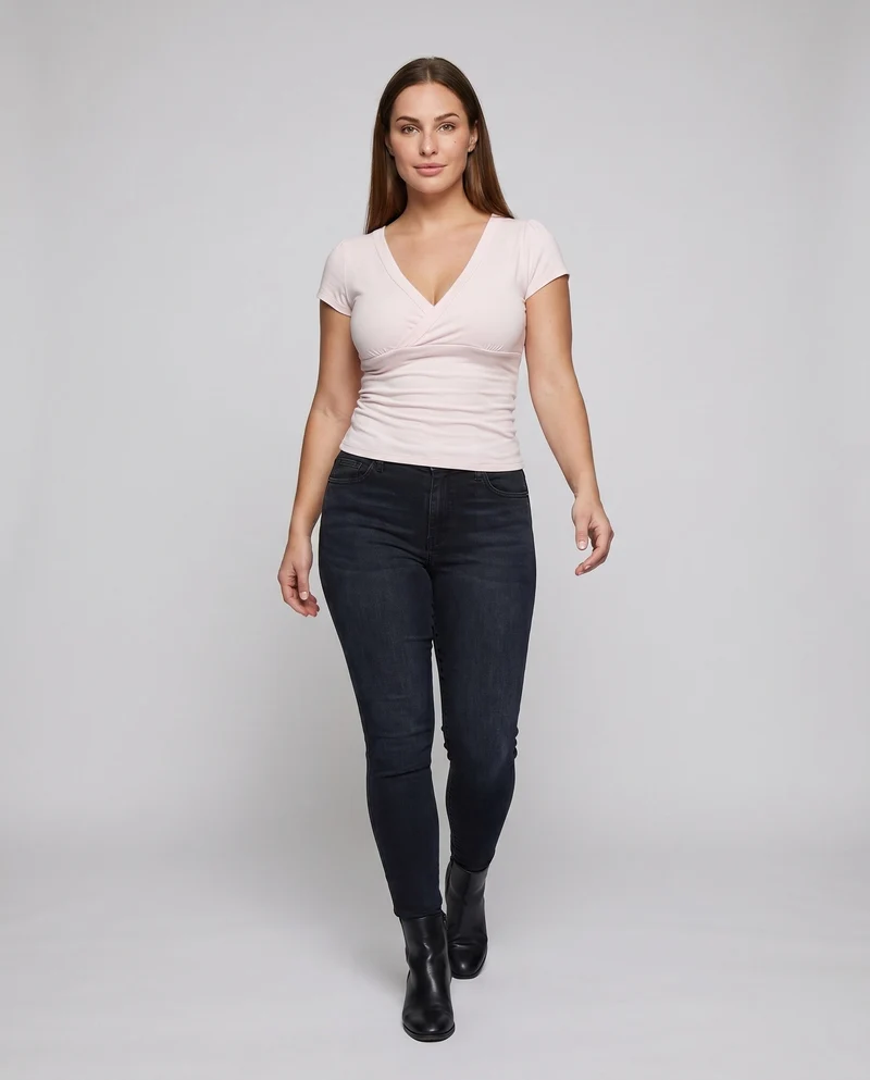 Damen tailliertes Oberteil mit elegantem Wickeldesign und V-Ausschnitt