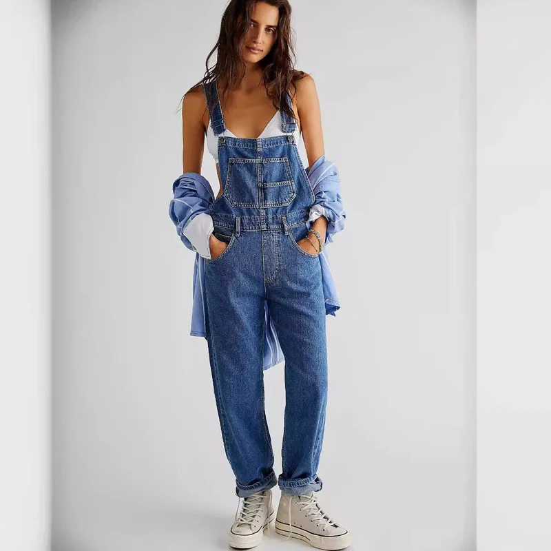 Damen lässige Denim-Latzhose mit praktischen Taschen und verstellbarem Bund Nord Taschen
