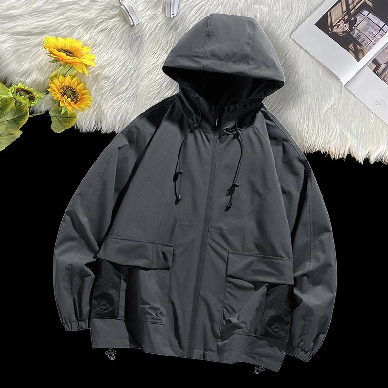 Herren Oversize Kapuzen-Windbreaker mit Multi‑Taschen, Mesh‑Einsätzen und Kordelzug Nord Taschen