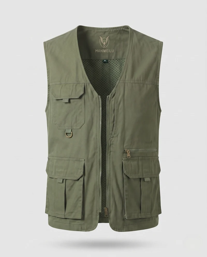 Herren Leichtgewicht Canvas Utility Weste mit mehreren Taschen, D-Ring und Mesh-Futter