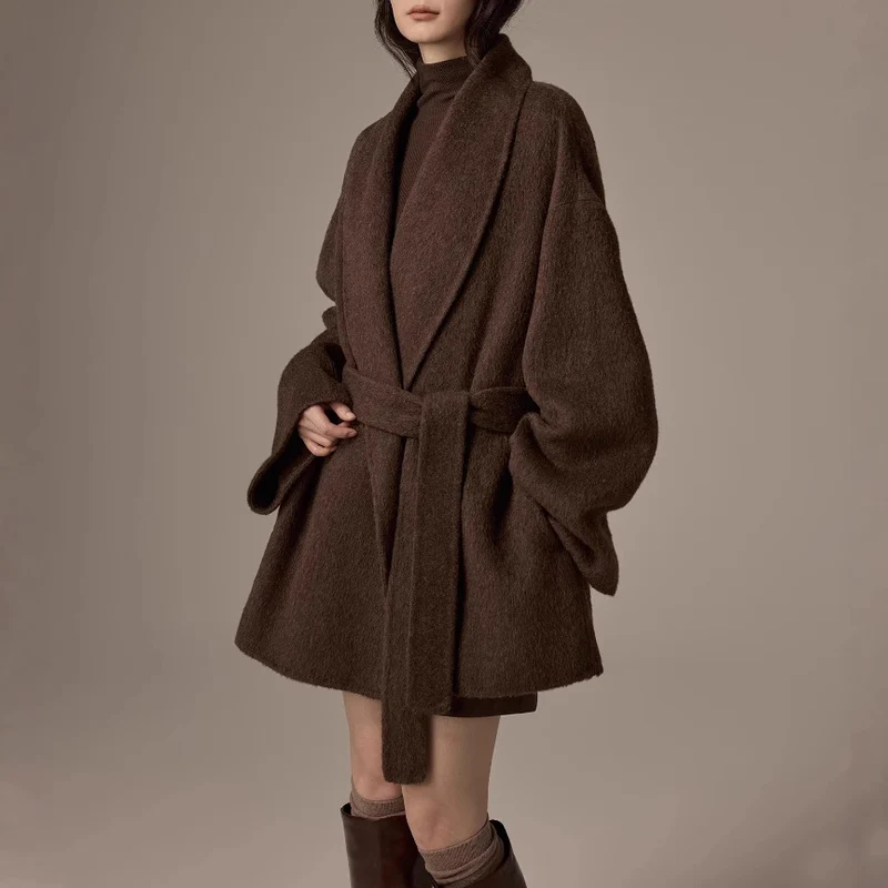 Damen Oversized Wollmantel mit Gürtel Nord Taschen