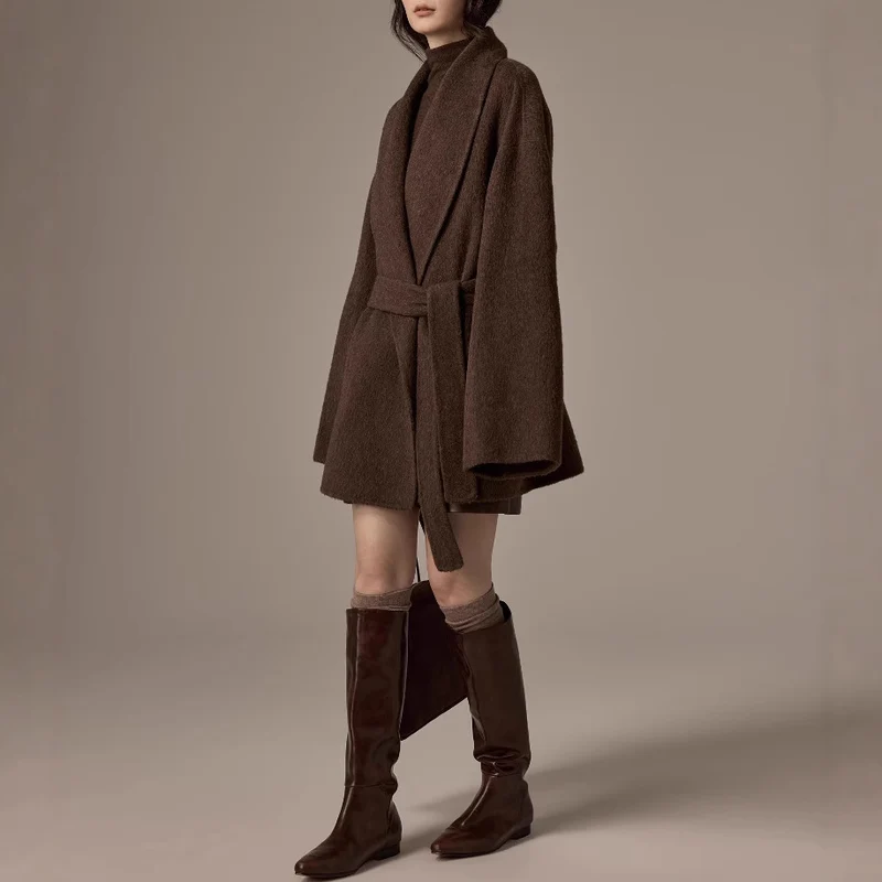 Damen Oversized Wollmantel mit Gürtel Nord Taschen