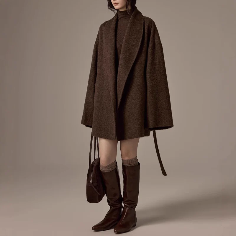 Damen Oversized Wollmantel mit Gürtel Nord Taschen