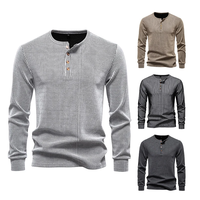 Herren Slim-Fit Gerippter Henley-Langarmpullover mit Rundhalsausschnitt und Knopfleiste Nord Taschen
