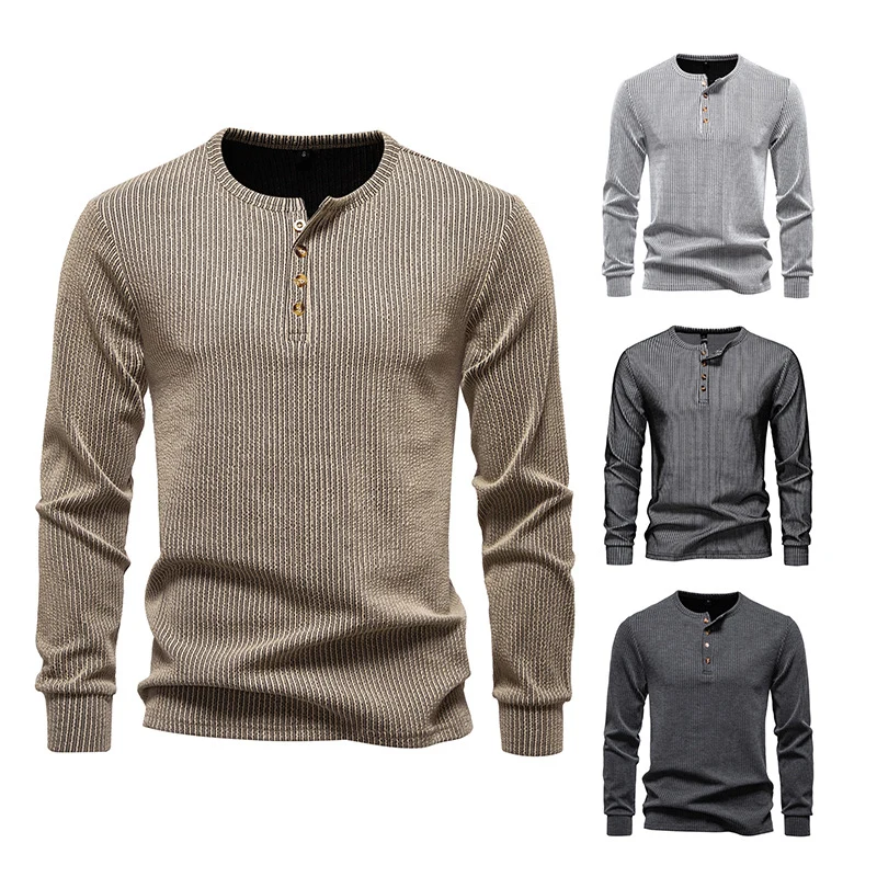 Herren Slim-Fit Gerippter Henley-Langarmpullover mit Rundhalsausschnitt und Knopfleiste Nord Taschen