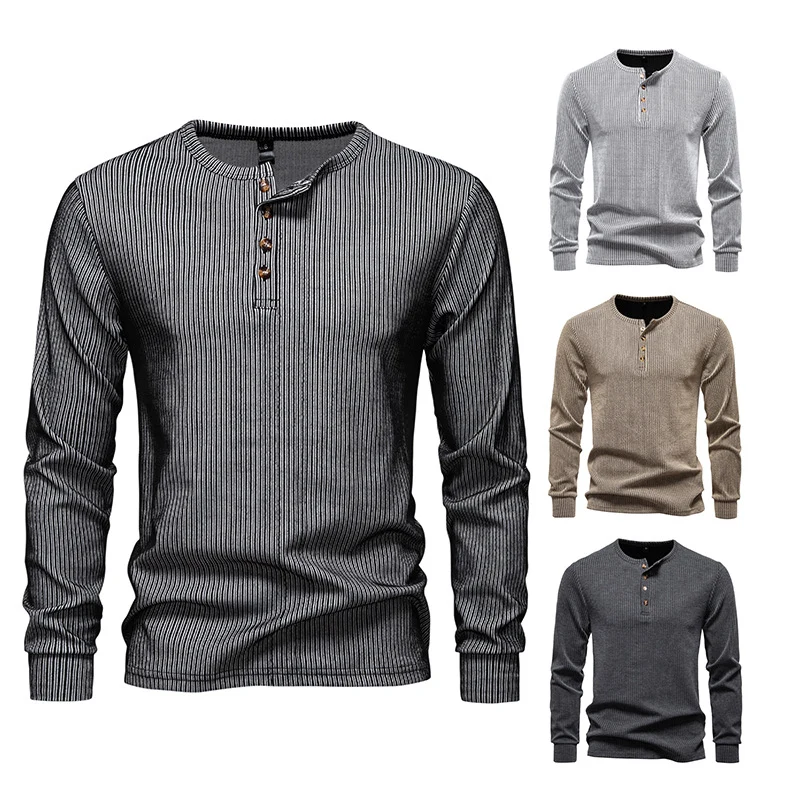 Herren Slim-Fit Gerippter Henley-Langarmpullover mit Rundhalsausschnitt und Knopfleiste Nord Taschen