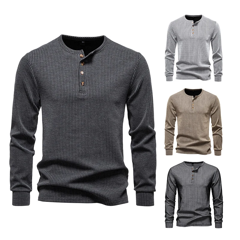 Herren Slim-Fit Gerippter Henley-Langarmpullover mit Rundhalsausschnitt und Knopfleiste Nord Taschen