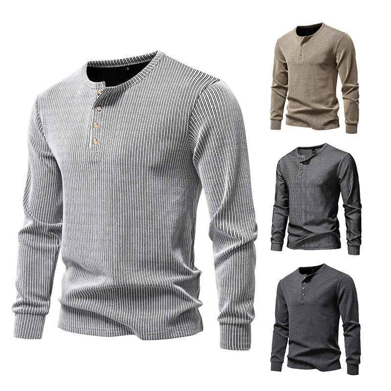 Herren Slim-Fit Gerippter Henley-Langarmpullover mit Rundhalsausschnitt und Knopfleiste Nord Taschen