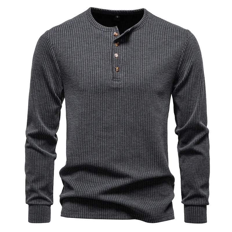 Herren Slim-Fit Gerippter Henley-Langarmpullover mit Rundhalsausschnitt und Knopfleiste Nord Taschen