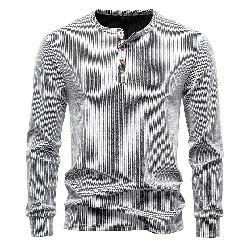 Herren Slim-Fit Gerippter Henley-Langarmpullover mit Rundhalsausschnitt und Knopfleiste Nord Taschen
