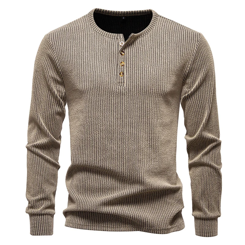 Herren Slim-Fit Gerippter Henley-Langarmpullover mit Rundhalsausschnitt und Knopfleiste Nord Taschen