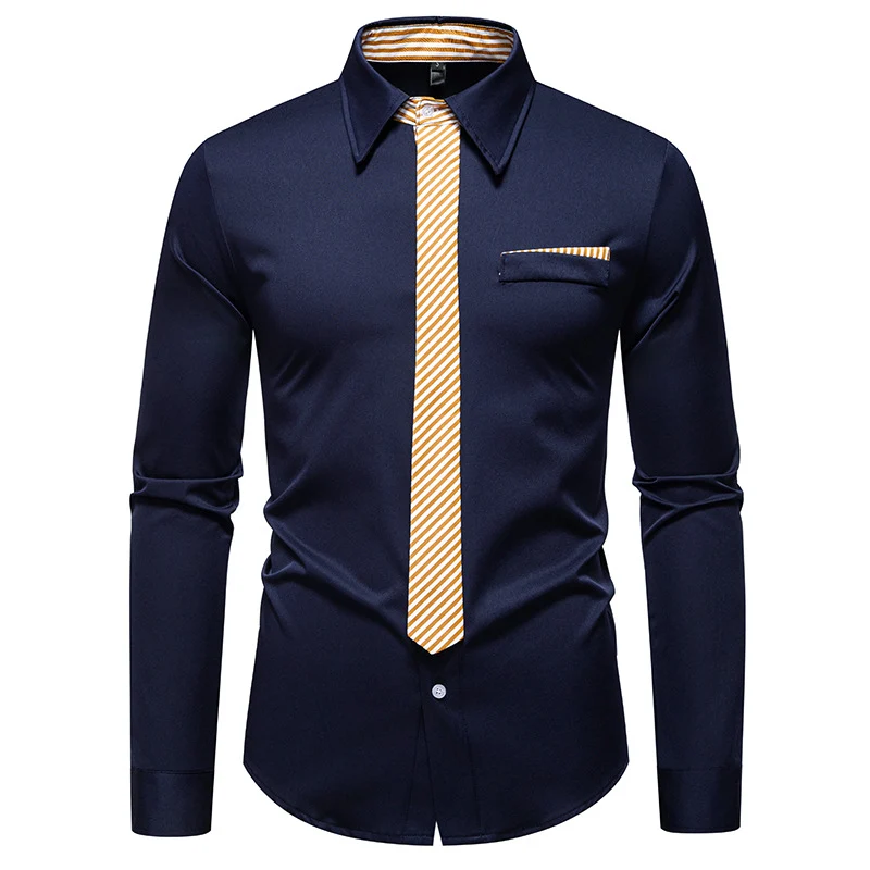 Herren Slim-Fit Businesshemd mit integrierter Krawatten-Optik und Brusttasche Nord Taschen