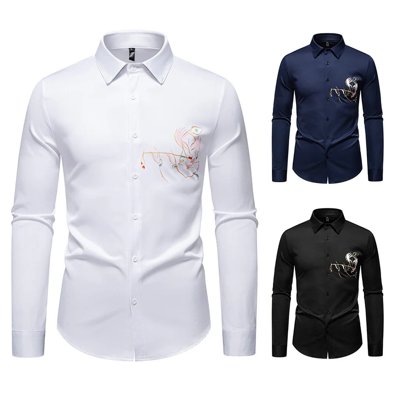 Herren Slim-Fit Businesshemd mit aufwendiger Bruststickerei und Kentkragen Nord Taschen