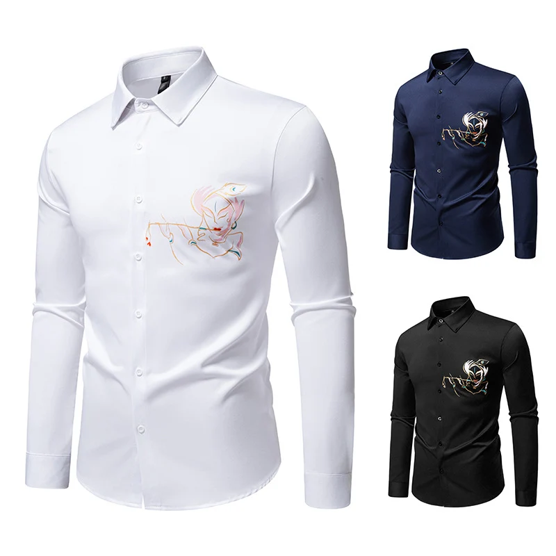Herren Slim-Fit Businesshemd mit aufwendiger Bruststickerei und Kentkragen Nord Taschen