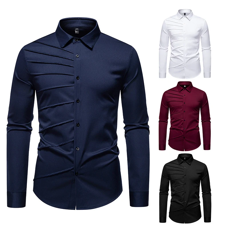 Herren Tailliertes Business-Hemd mit diagonalem Zierfalten-Design Nord Taschen