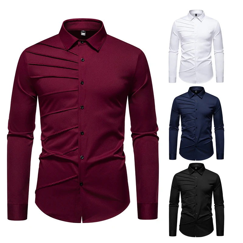 Herren Tailliertes Business-Hemd mit diagonalem Zierfalten-Design Nord Taschen