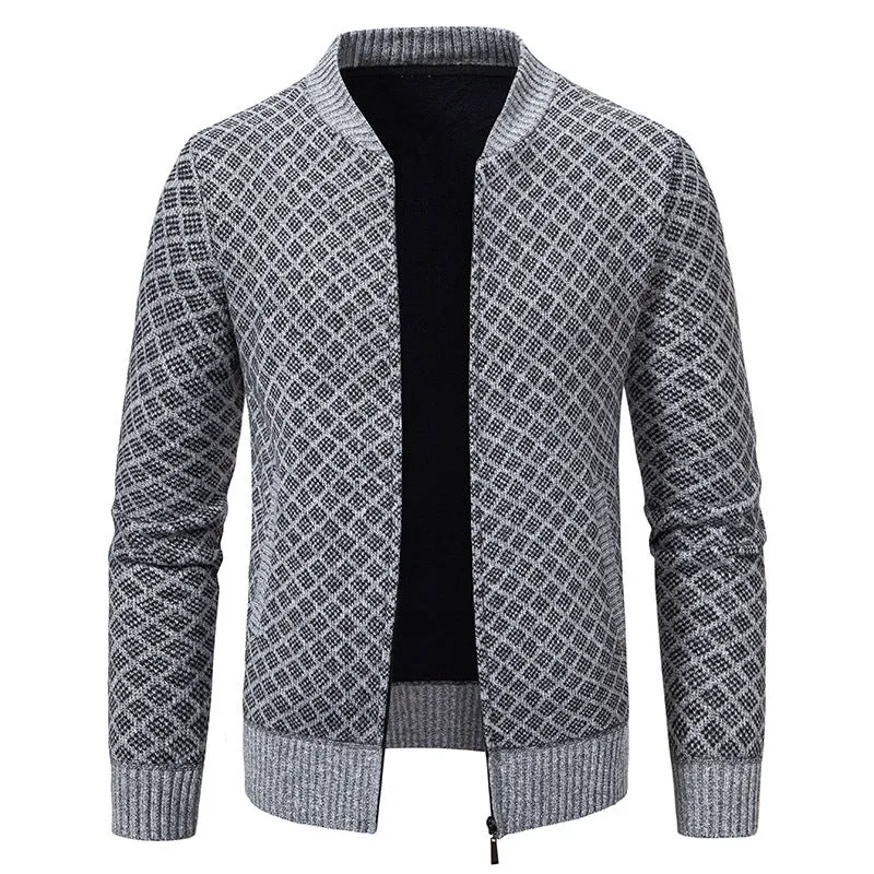 Herren Taillierter Jacquard-Zip-Cardigan mit Diamantstruktur und Eingrifftaschen Nord Taschen
