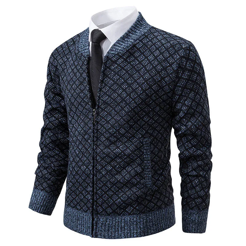 Herren Taillierter Jacquard-Zip-Cardigan mit Diamantstruktur und Eingrifftaschen Nord Taschen