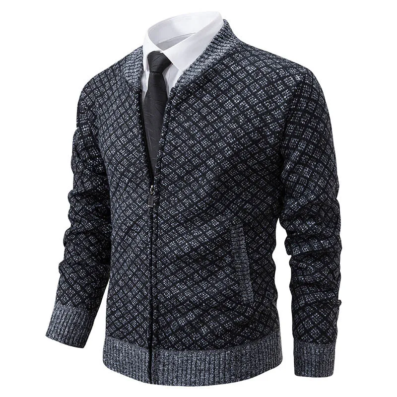 Herren Taillierter Jacquard-Zip-Cardigan mit Diamantstruktur und Eingrifftaschen Nord Taschen
