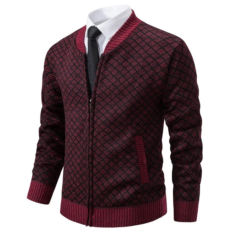 Herren Taillierter Jacquard-Zip-Cardigan mit Diamantstruktur und Eingrifftaschen Nord Taschen