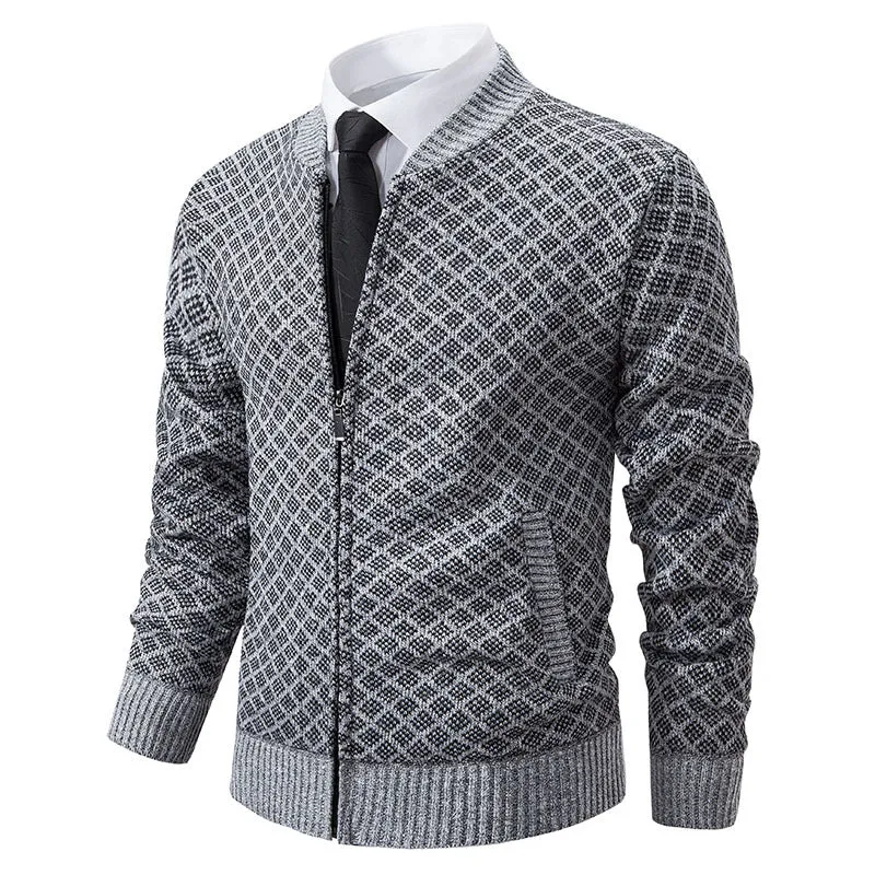 Herren Taillierter Jacquard-Zip-Cardigan mit Diamantstruktur und Eingrifftaschen Nord Taschen