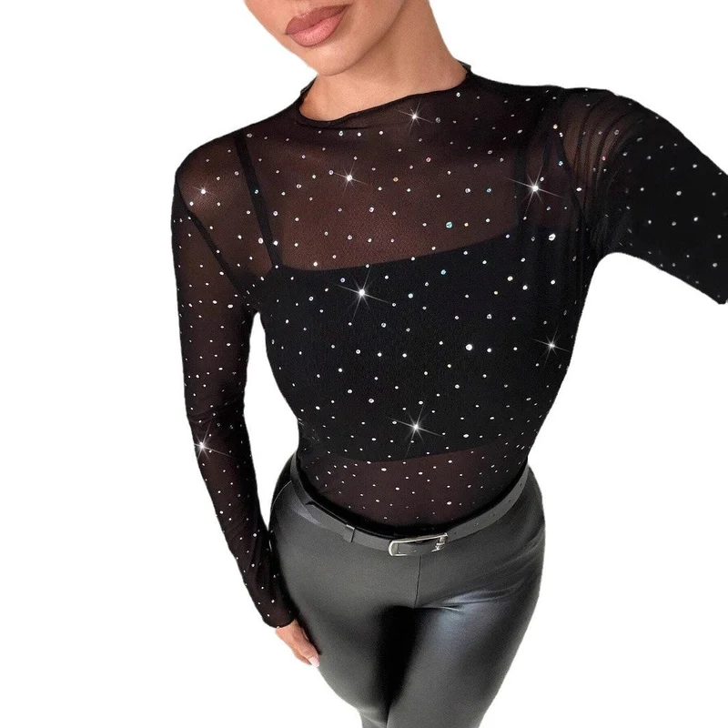 Damen transparentes Langarm-Netzshirt mit Strassapplikationen und integriertem Untertop