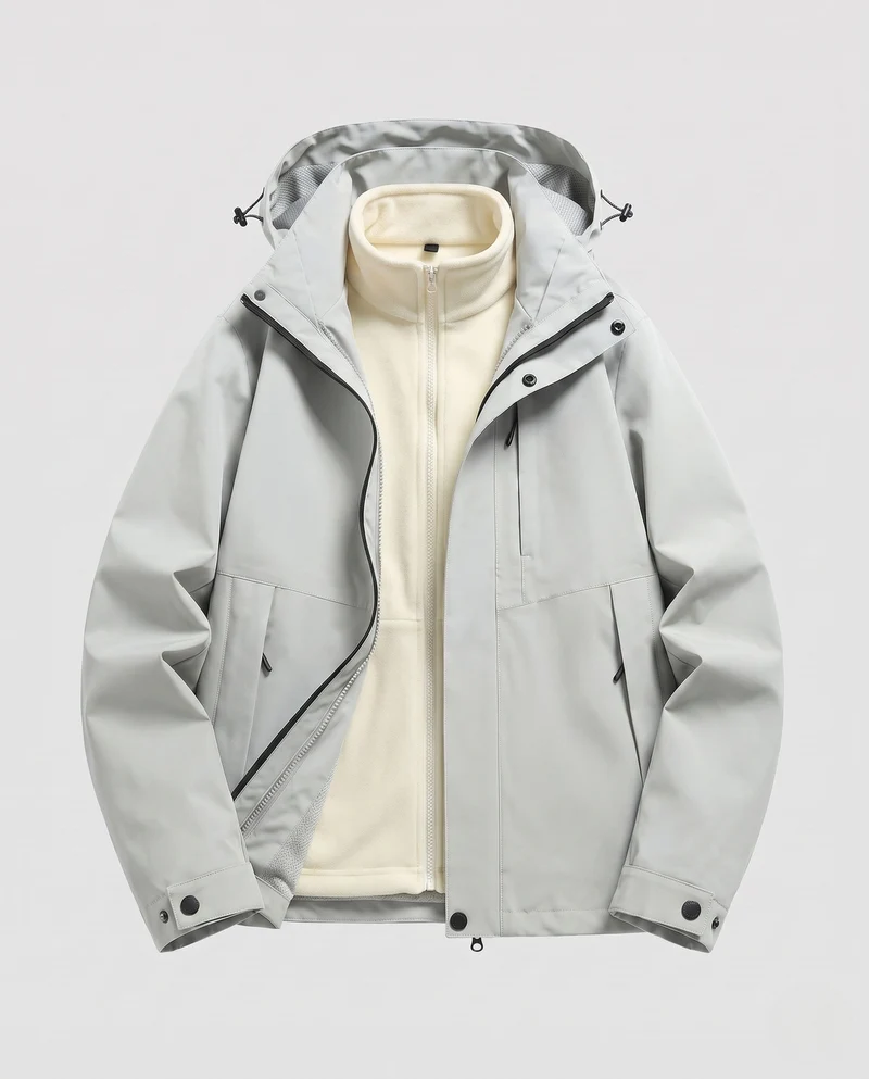 Unisex wasserdichte Softshell-Allwetterjacke mit herausnehmbarer Fleece-Innenjacke und Kapuze